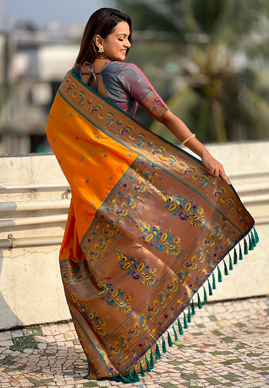 Orange zari woven tiny nath meenakari contrast yeola paithani silk saree