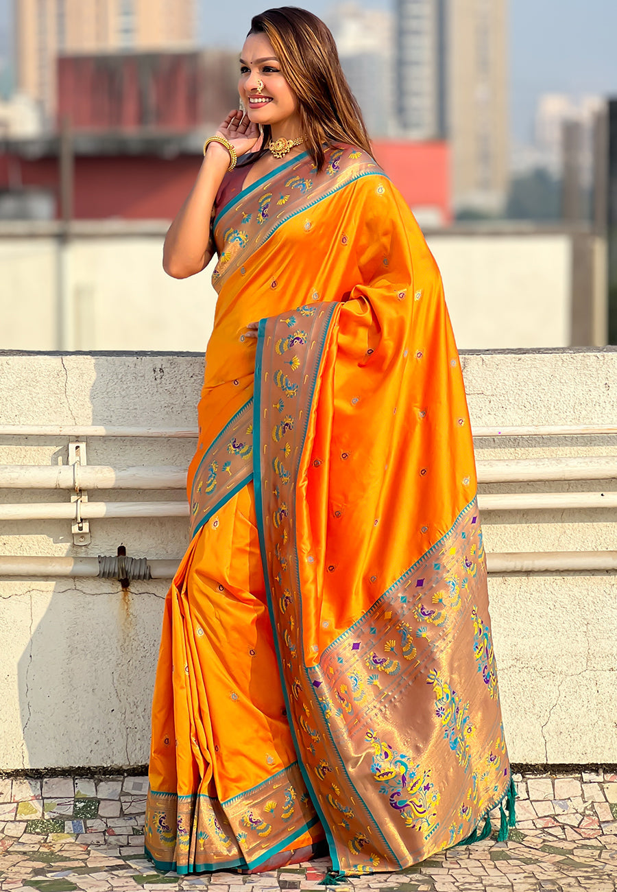Orange zari woven tiny nath meenakari contrast yeola paithani silk saree