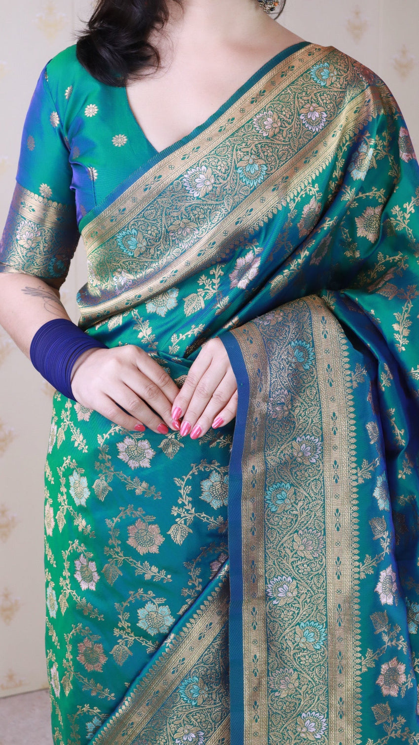 Green banarasi jaal soft silk gold zari meenakari woven saree