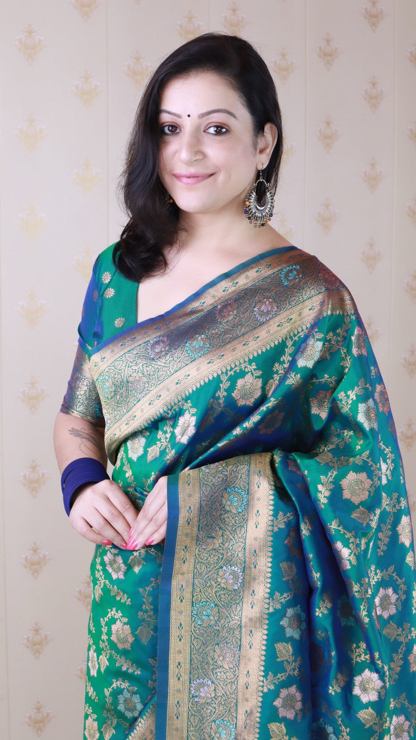 Green banarasi jaal soft silk gold zari meenakari woven saree