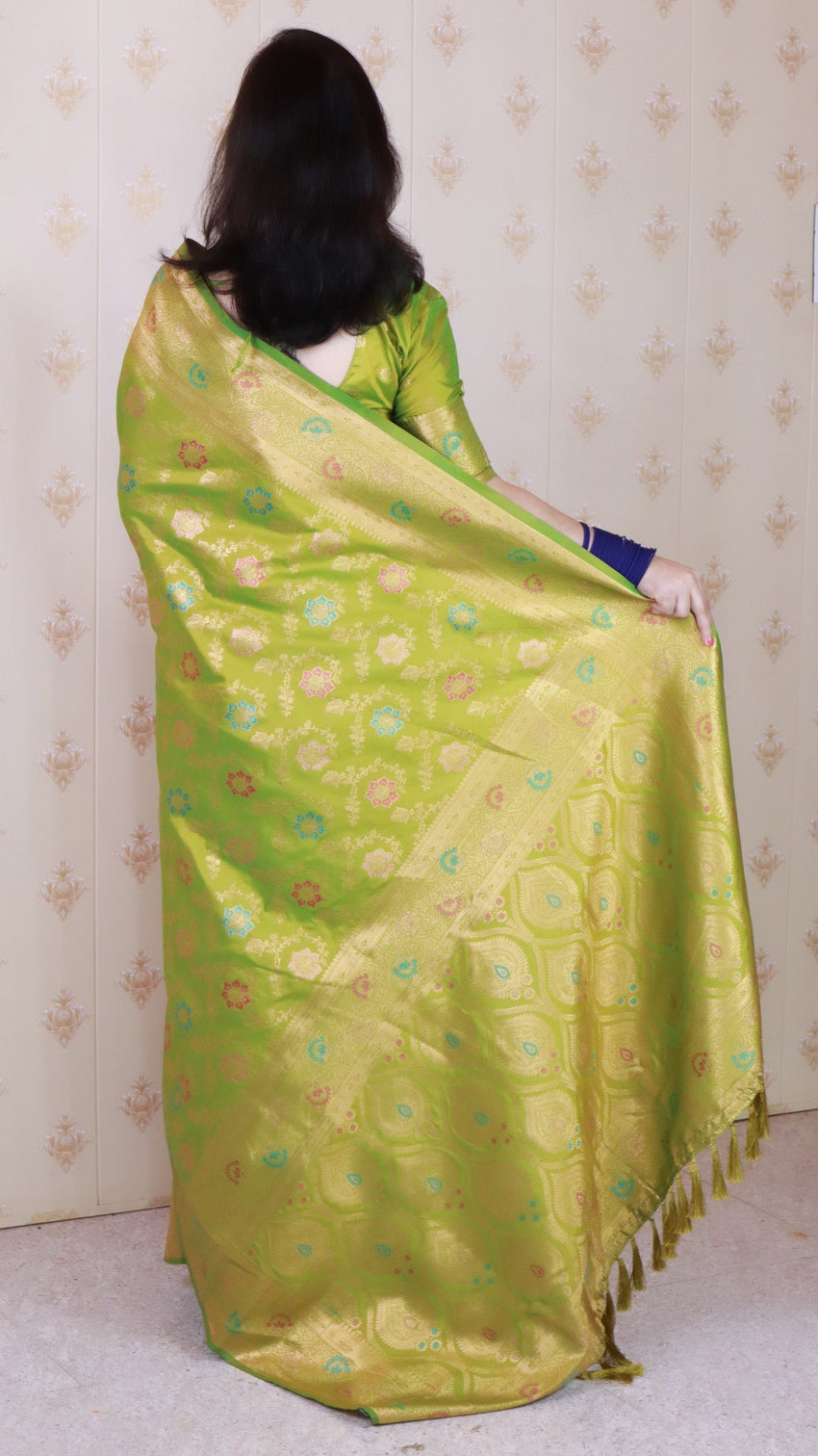 Mehendi green banarasi jaal soft silk gold zari meenakari woven saree