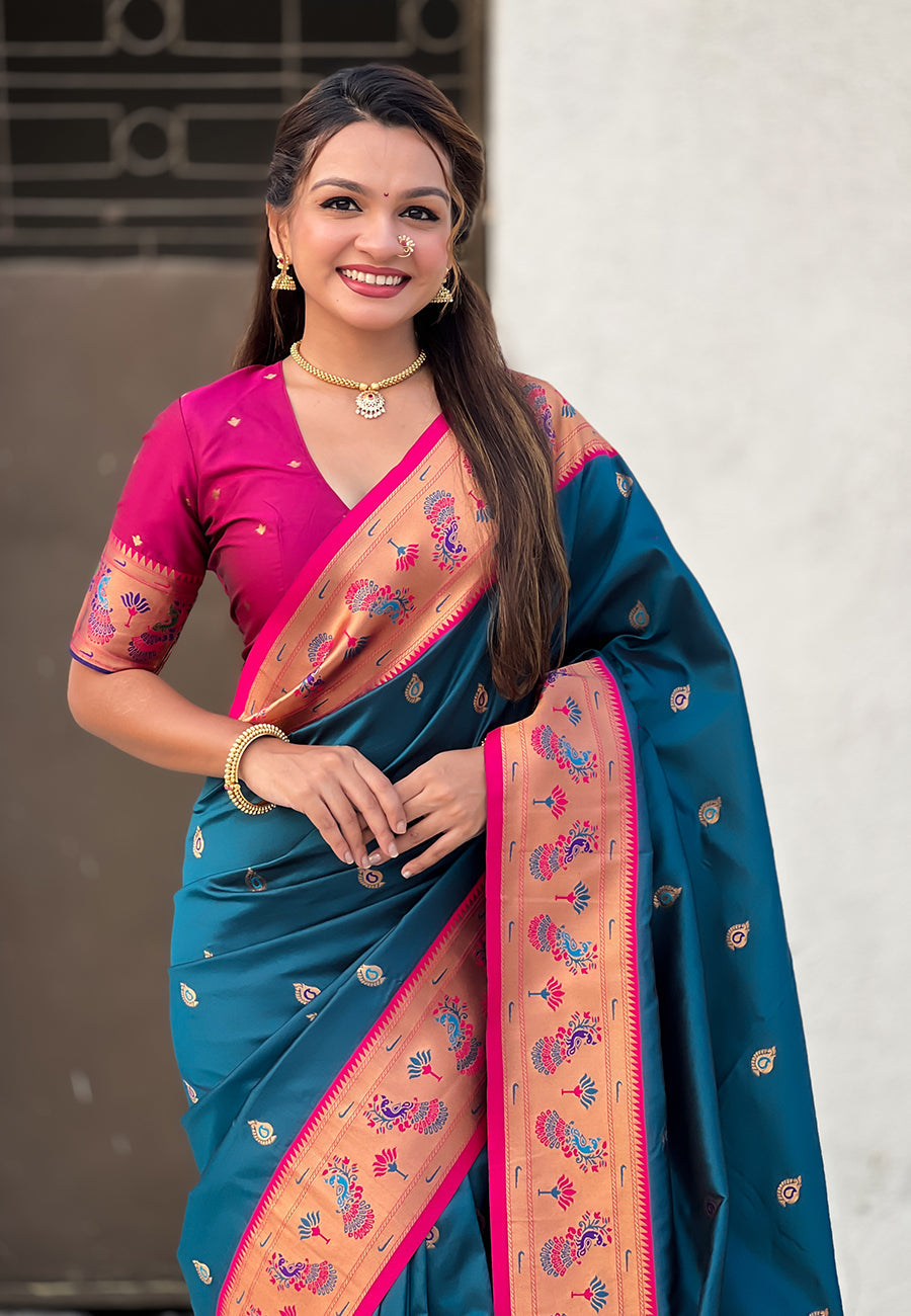 Denim blue zari woven tiny nath meenakari contrast yeola paithani silk saree