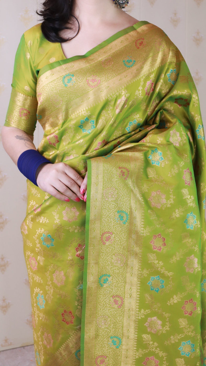 Mehendi green banarasi jaal soft silk gold zari meenakari woven saree