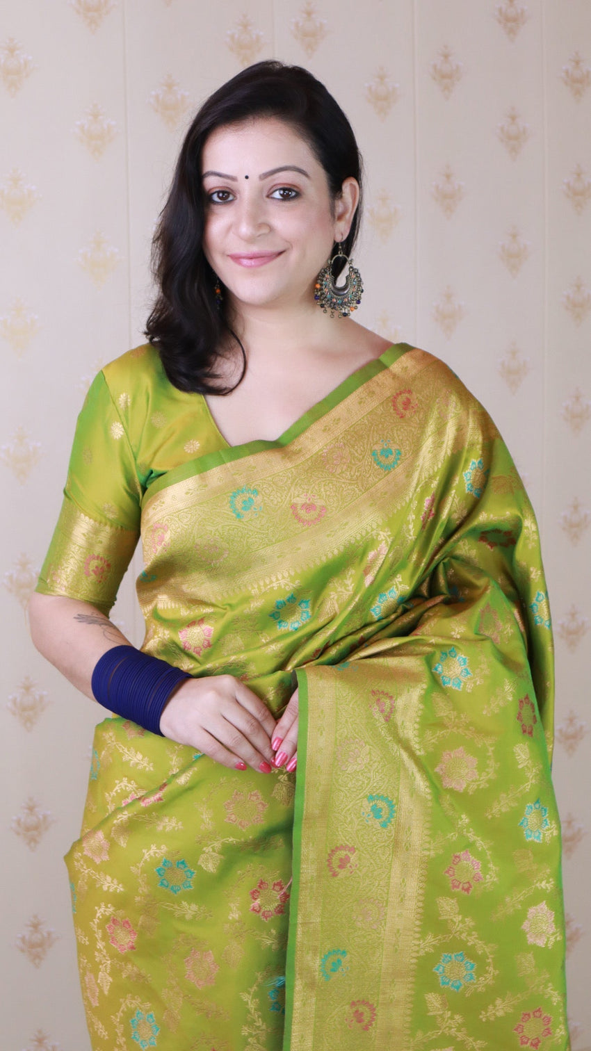 Mehendi green banarasi jaal soft silk gold zari meenakari woven saree