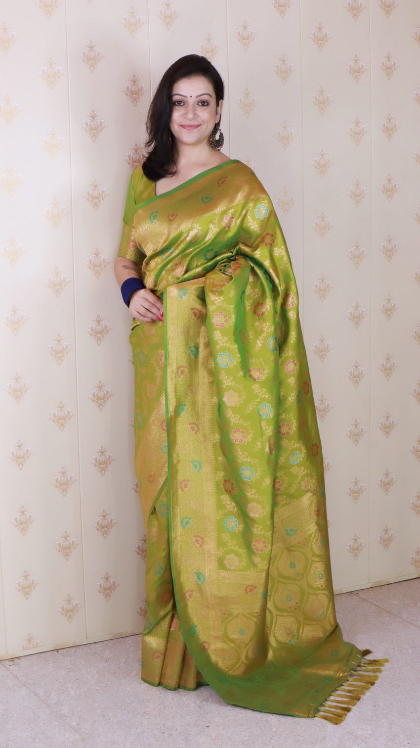 Mehendi green banarasi jaal soft silk gold zari meenakari woven saree