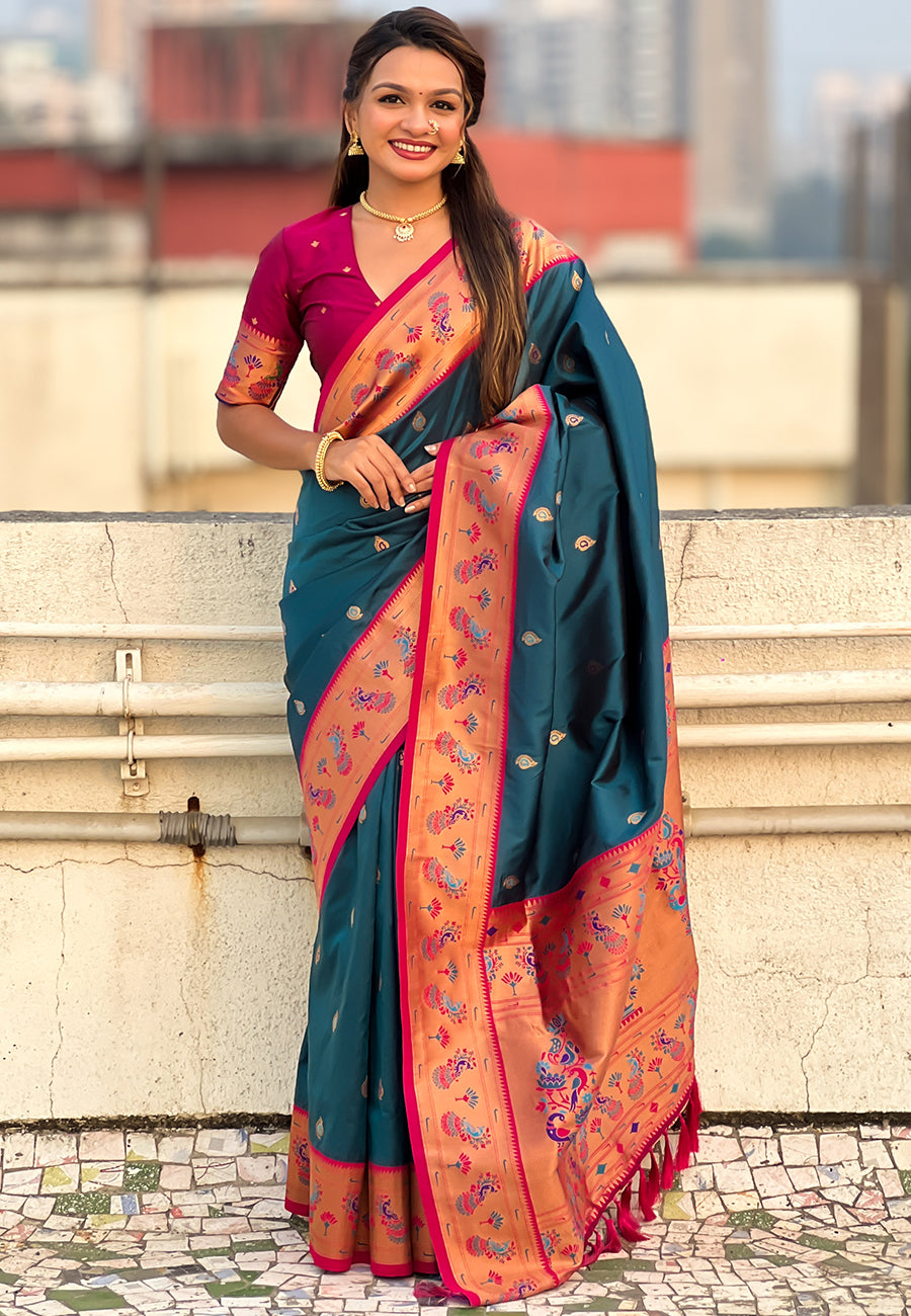 Denim blue zari woven tiny nath meenakari contrast yeola paithani silk saree