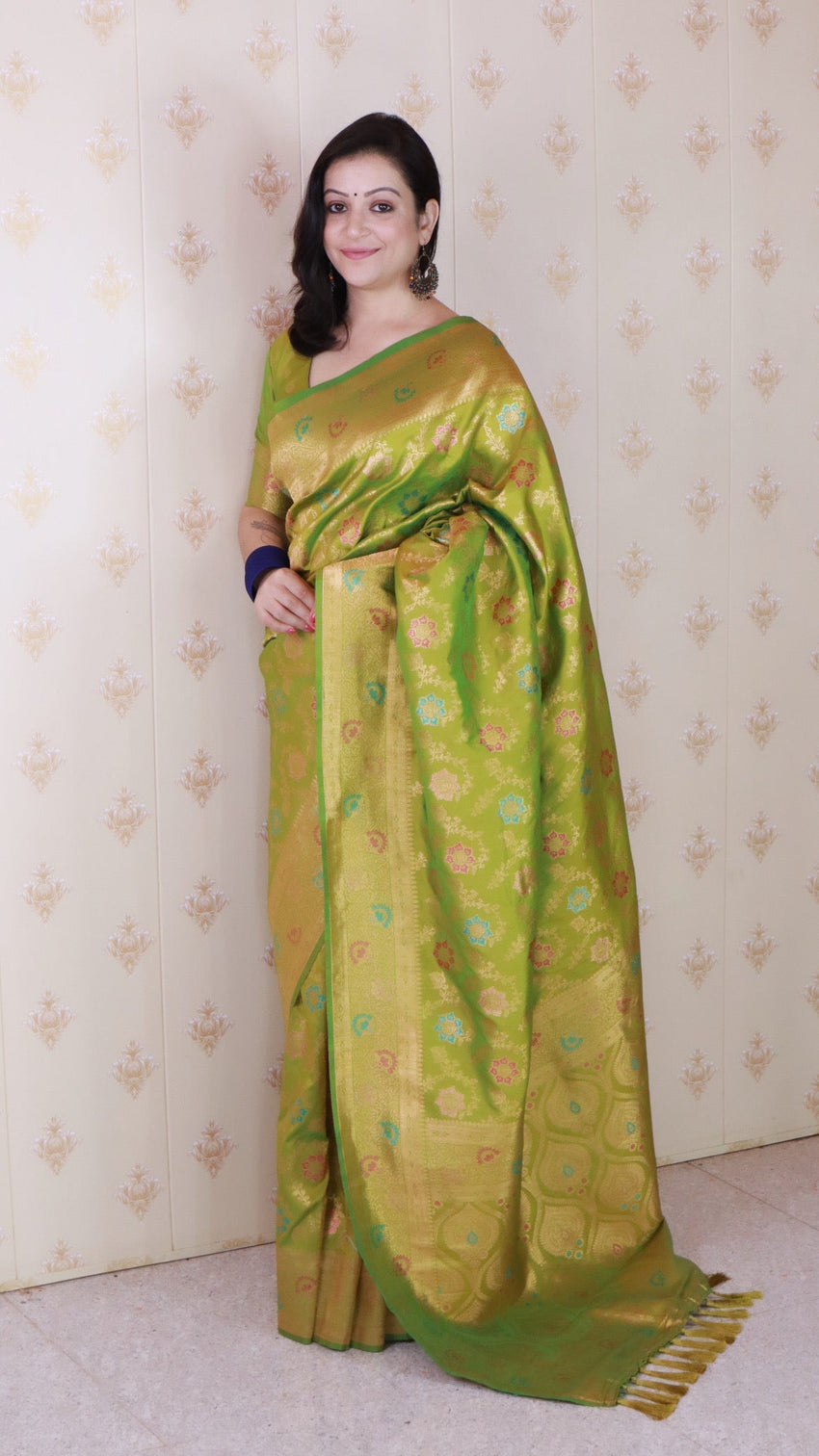 Mehendi green banarasi jaal soft silk gold zari meenakari woven saree