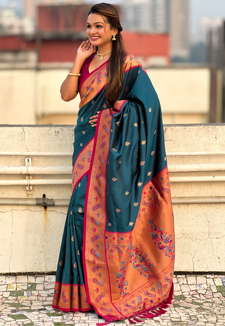 Denim blue zari woven tiny nath meenakari contrast yeola paithani silk saree