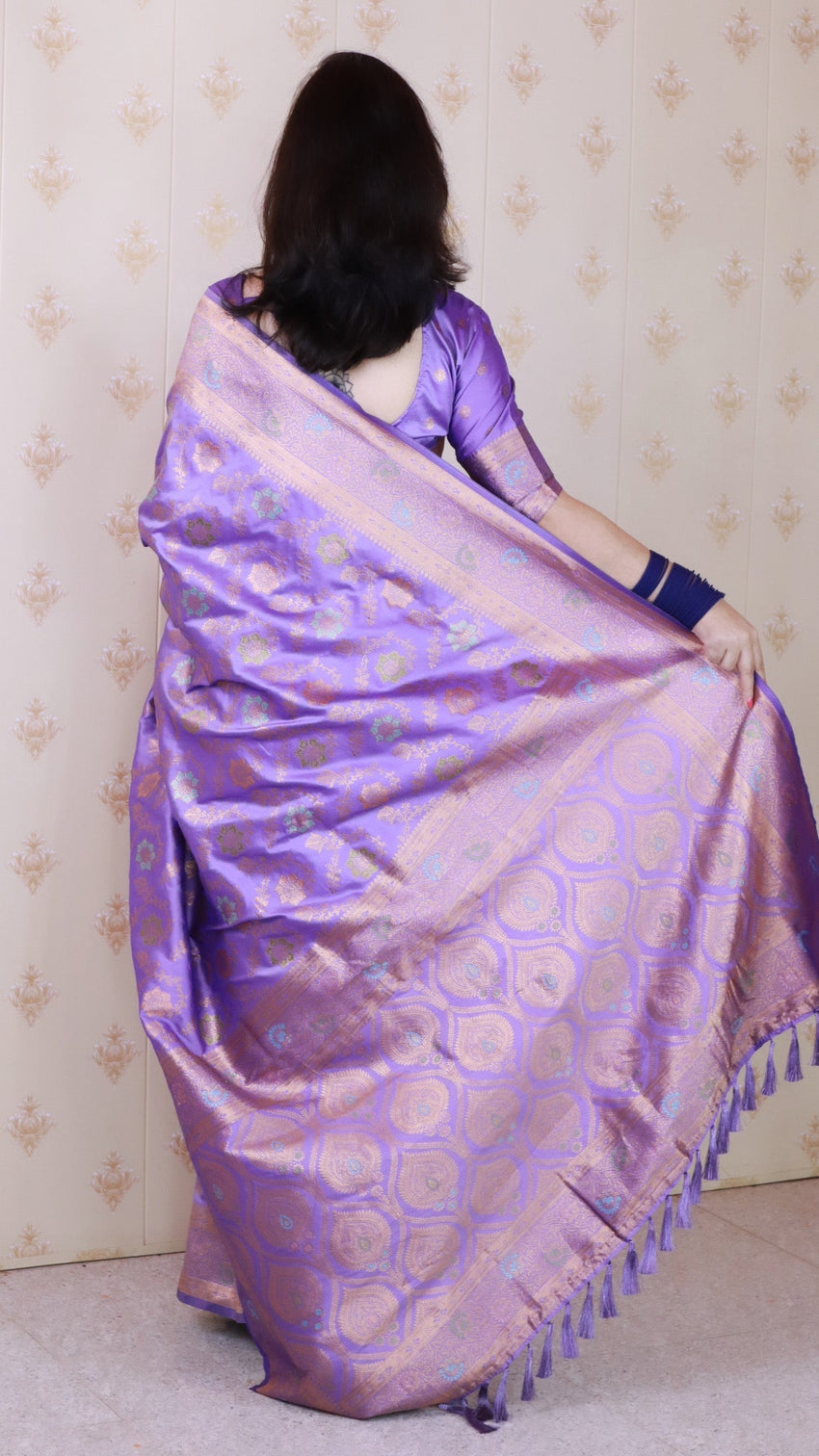 Lavender banarasi jaal soft silk gold zari meenakari woven saree