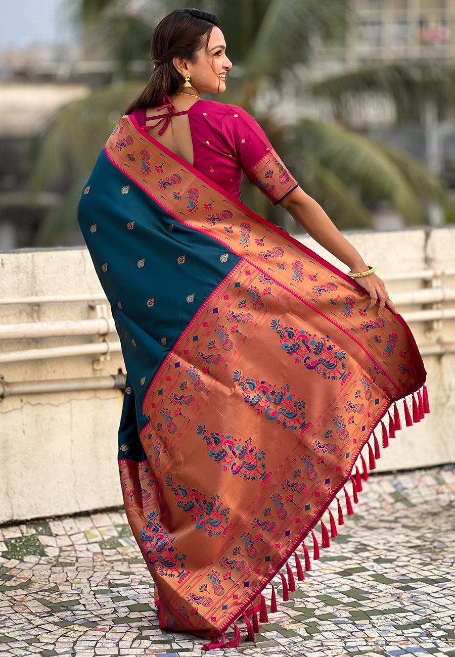Denim blue zari woven tiny nath meenakari contrast yeola paithani silk saree