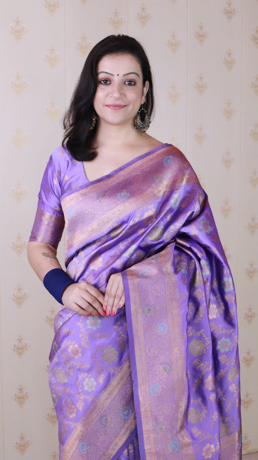 Lavender banarasi jaal soft silk gold zari meenakari woven saree