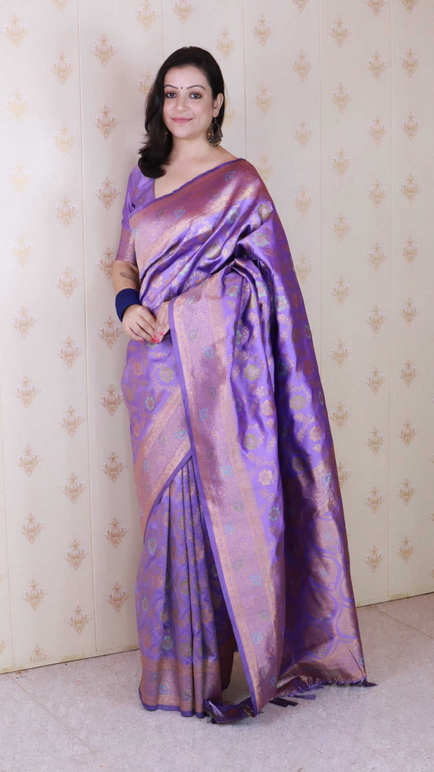 Lavender banarasi jaal soft silk gold zari meenakari woven saree