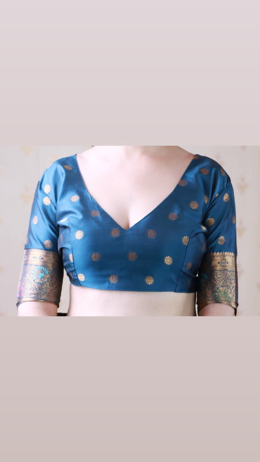 Denim blue banarasi jaal soft silk gold zari meenakari woven saree