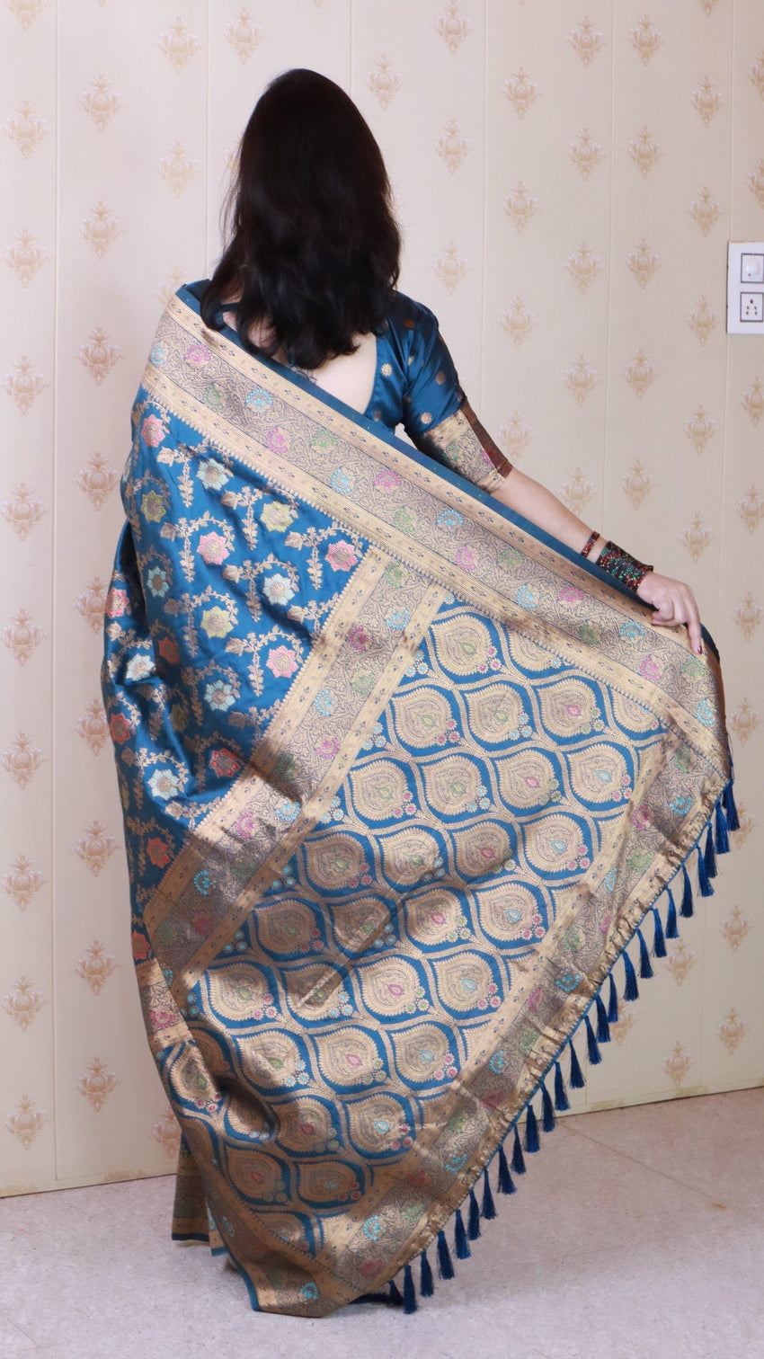 Denim blue banarasi jaal soft silk gold zari meenakari woven saree