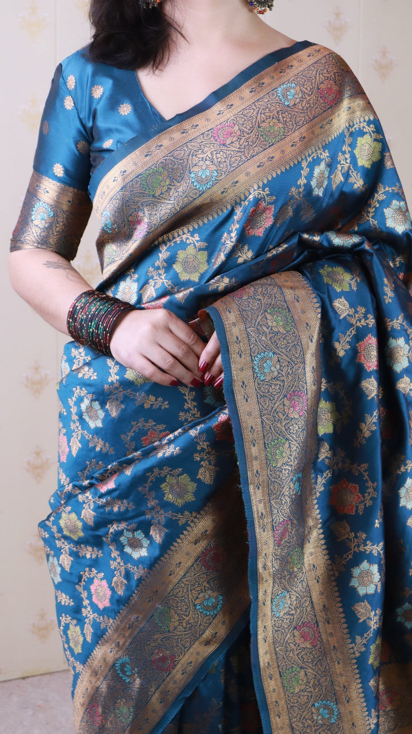Denim blue banarasi jaal soft silk gold zari meenakari woven saree