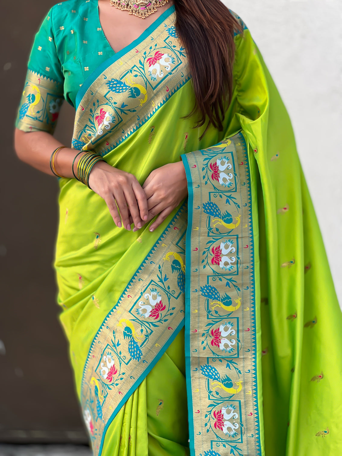 Parrot green soft silk swan rajhans paithani saree