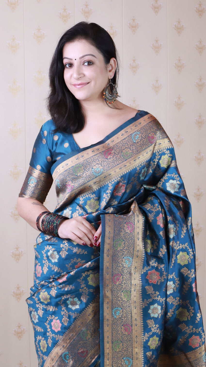 Denim blue banarasi jaal soft silk gold zari meenakari woven saree