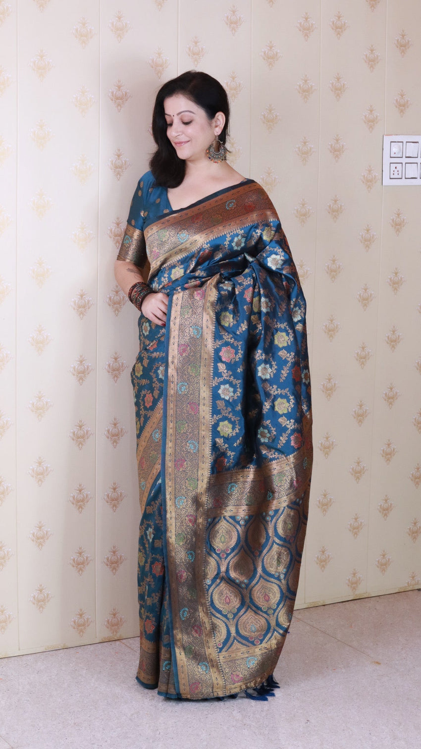 Denim blue banarasi jaal soft silk gold zari meenakari woven saree