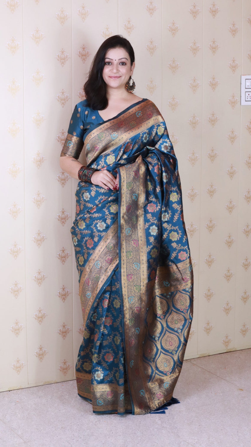 Denim blue banarasi jaal soft silk gold zari meenakari woven saree