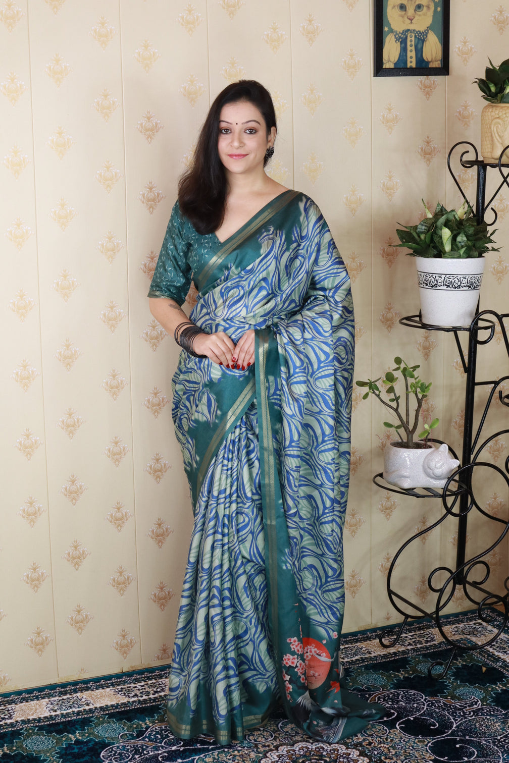Blue soft tussar silk abstract party wear printed zari woven saree