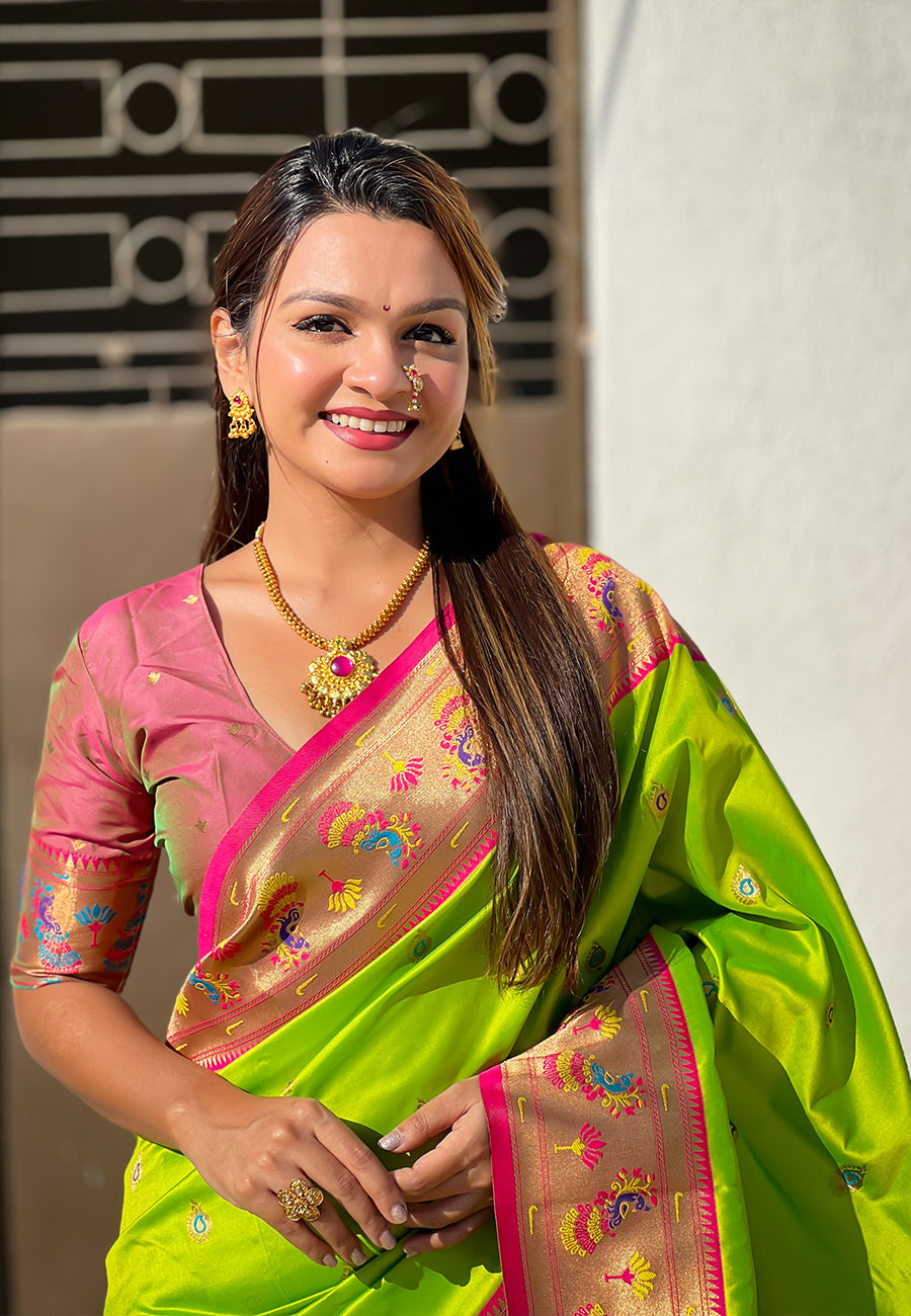 Parrot green zari woven tiny nath meenakari contrast yeola paithani silk saree