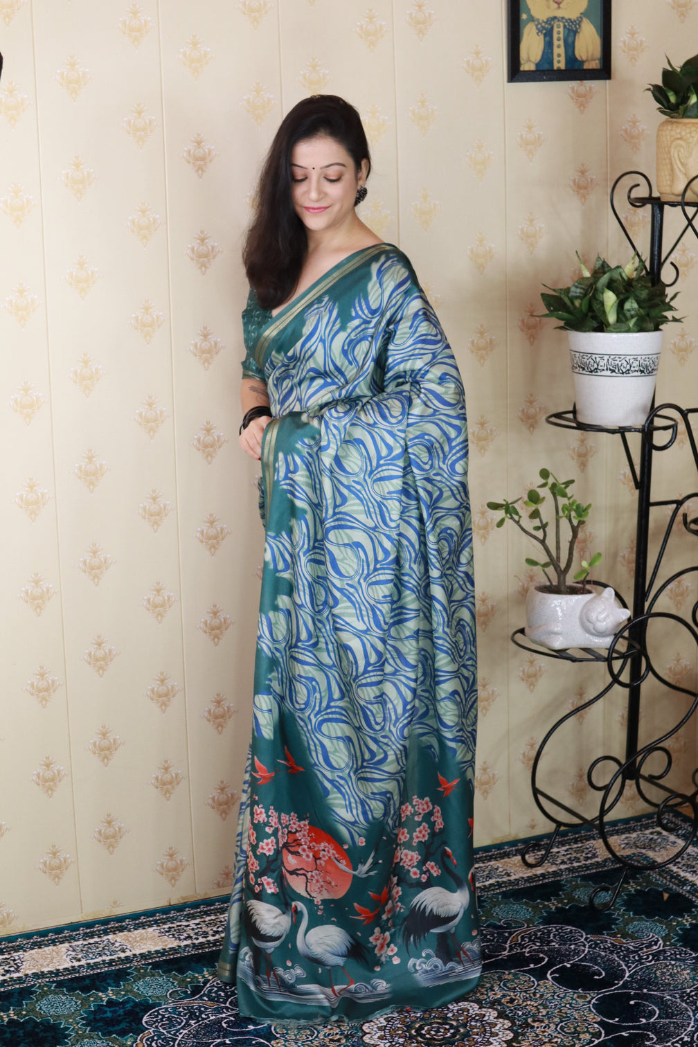 Blue soft tussar silk abstract party wear printed zari woven saree
