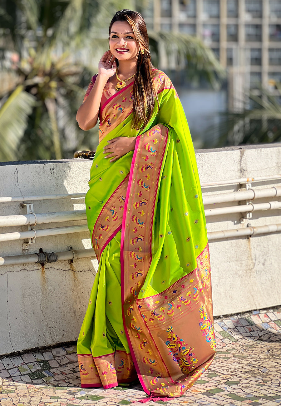 Parrot green zari woven tiny nath meenakari contrast yeola paithani silk saree
