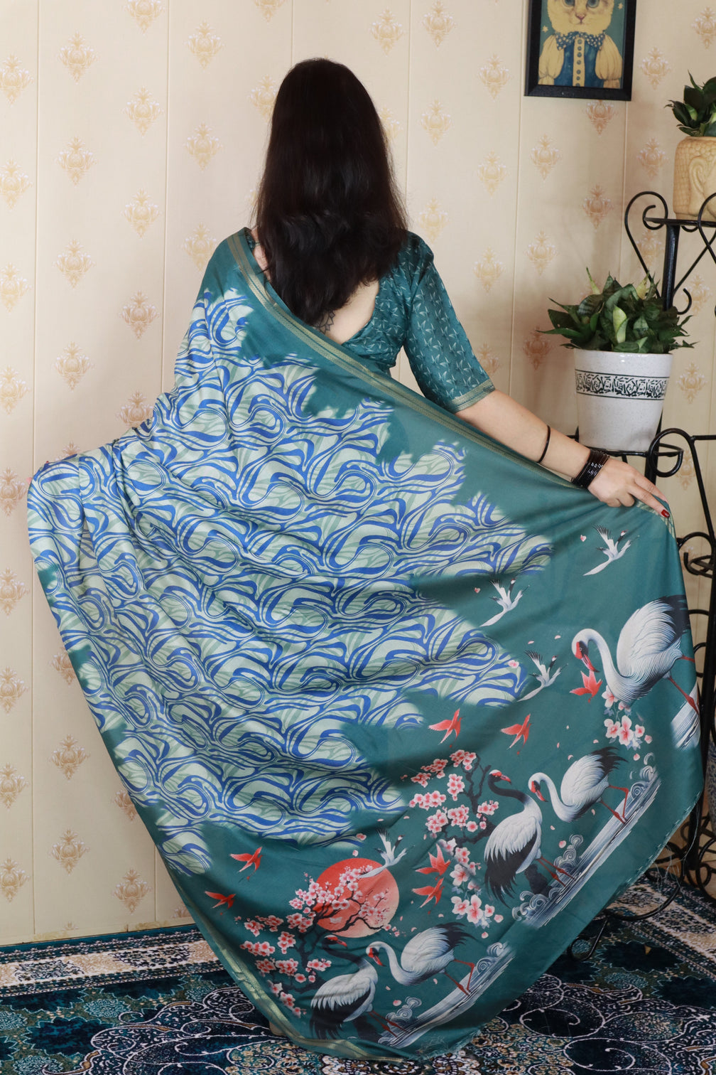 Blue soft tussar silk abstract party wear printed zari woven saree