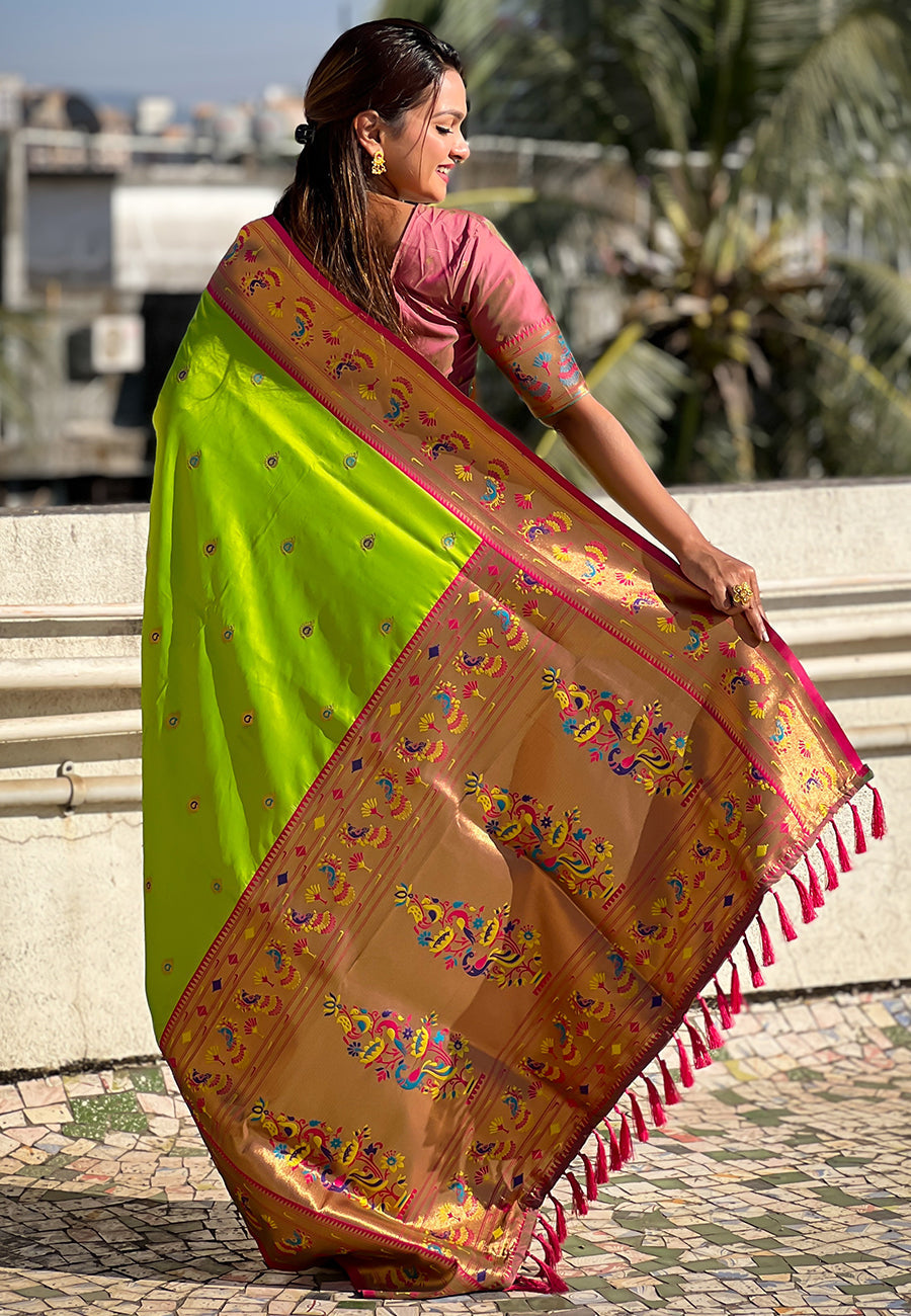 Parrot green zari woven tiny nath meenakari contrast yeola paithani silk saree