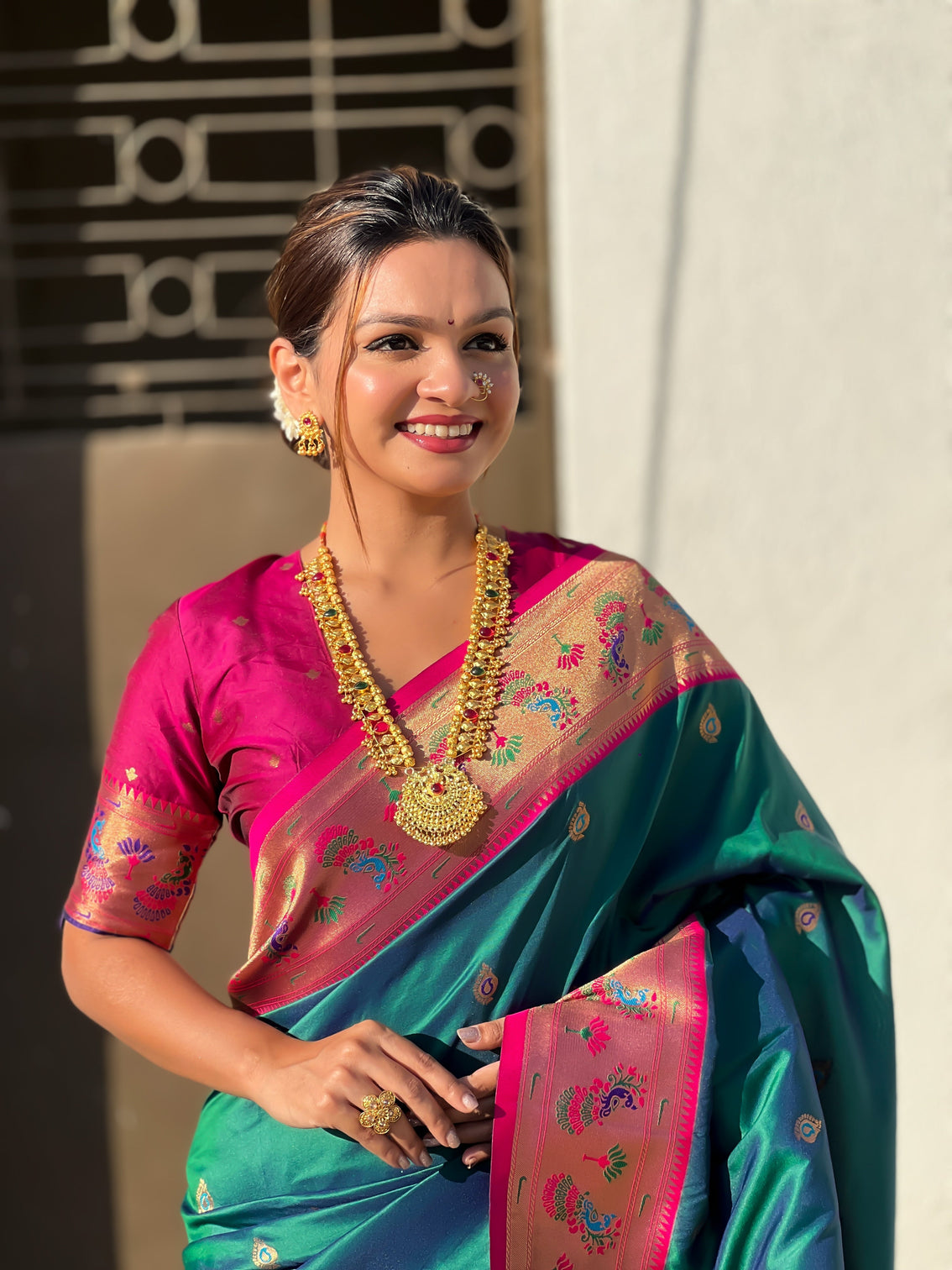 Green zari woven tiny nath meenakari contrast yeola paithani silk saree