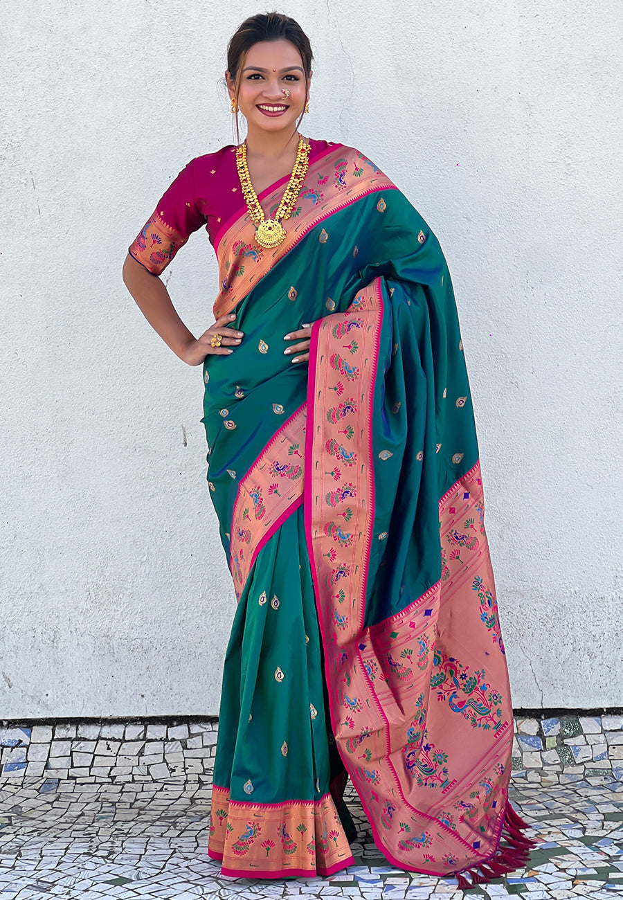 Green zari woven tiny nath meenakari contrast yeola paithani silk saree