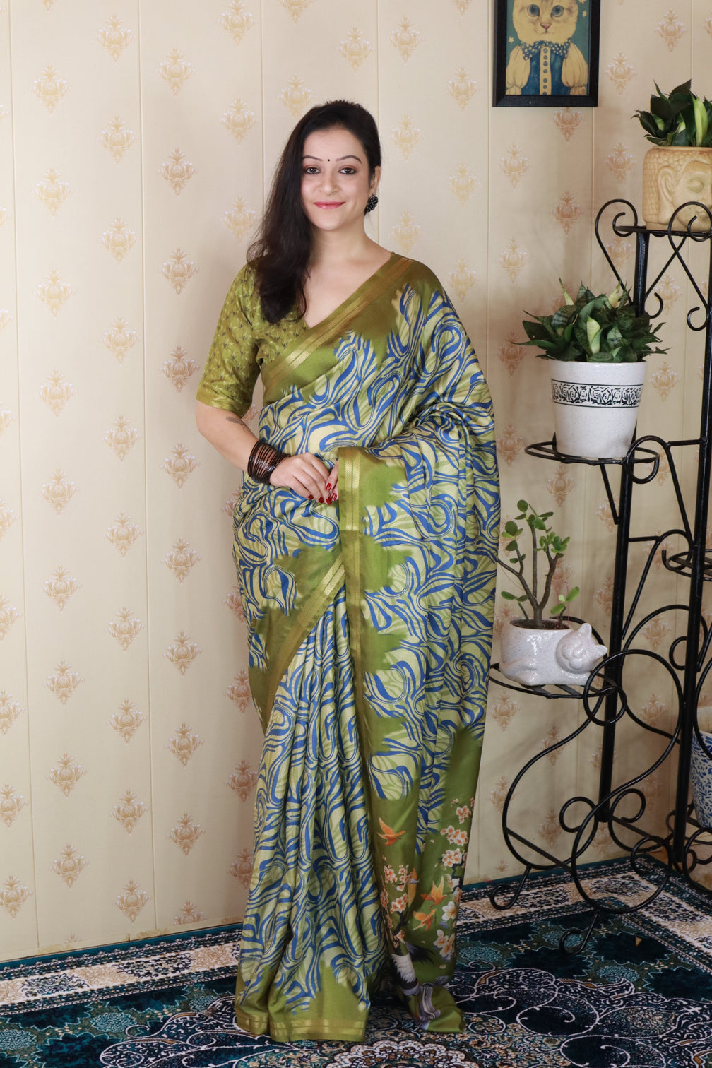Green soft tussar silk abstract party wear printed zari woven saree