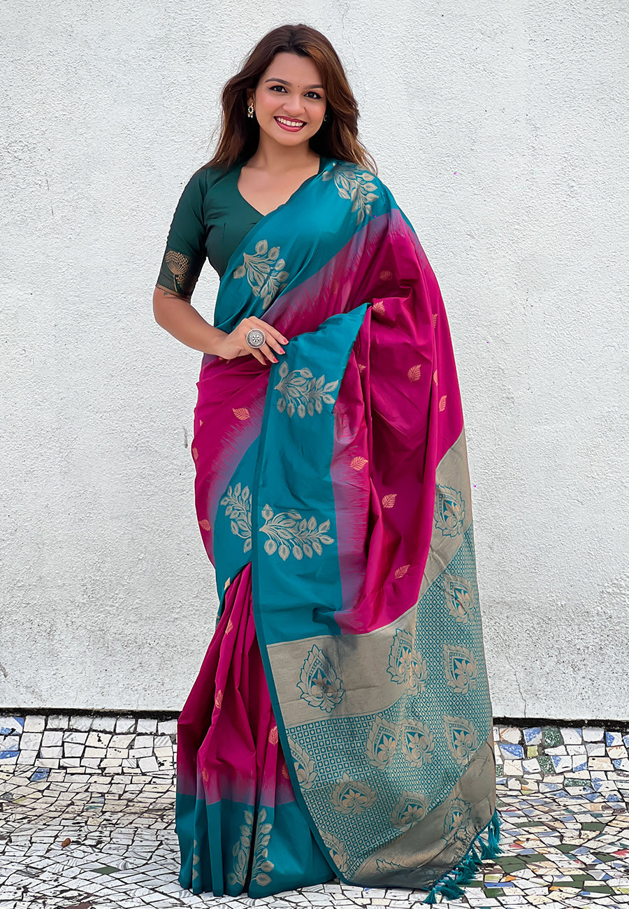 Pink soft silk floral border contrast zari woven saree