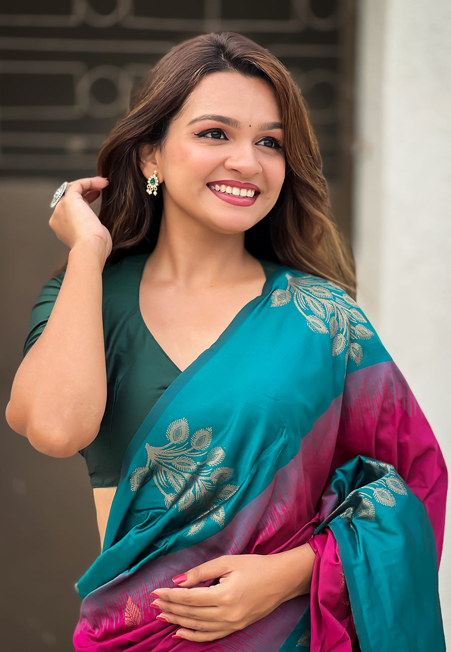 Pink soft silk floral border contrast zari woven saree