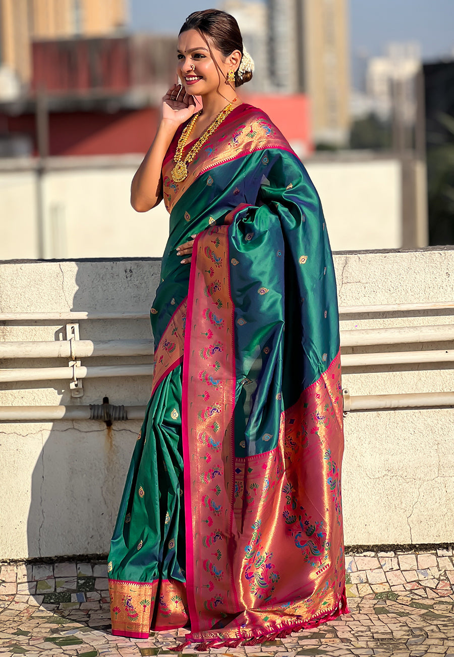 Green zari woven tiny nath meenakari contrast yeola paithani silk saree