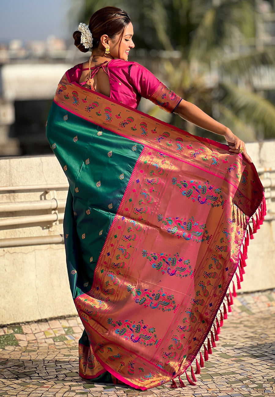 Green zari woven tiny nath meenakari contrast yeola paithani silk saree