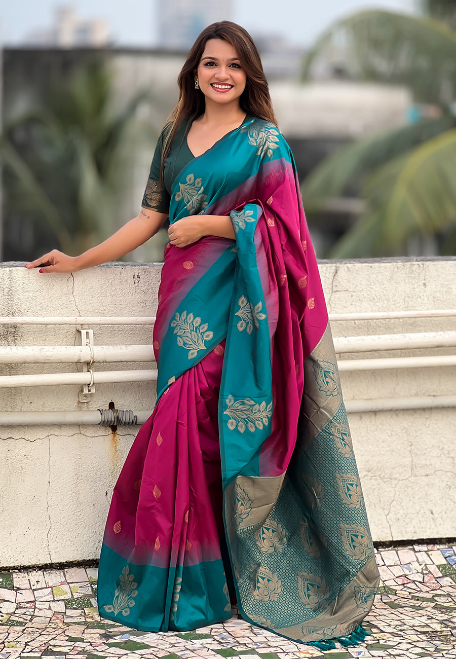 Pink soft silk floral border contrast zari woven saree