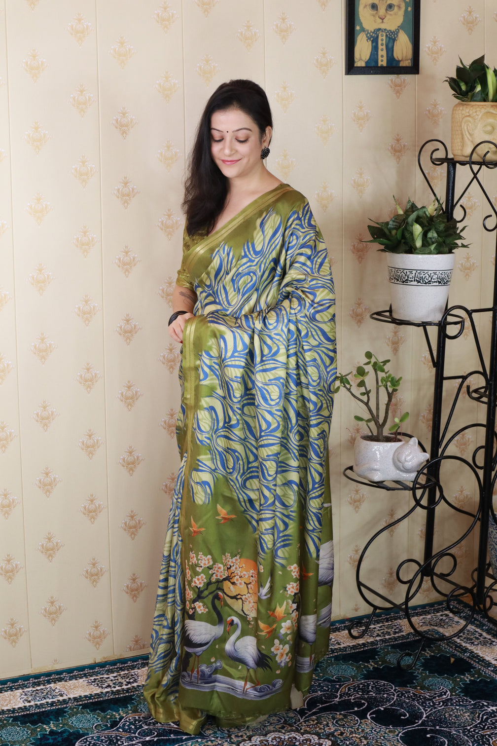 Green soft tussar silk abstract party wear printed zari woven saree