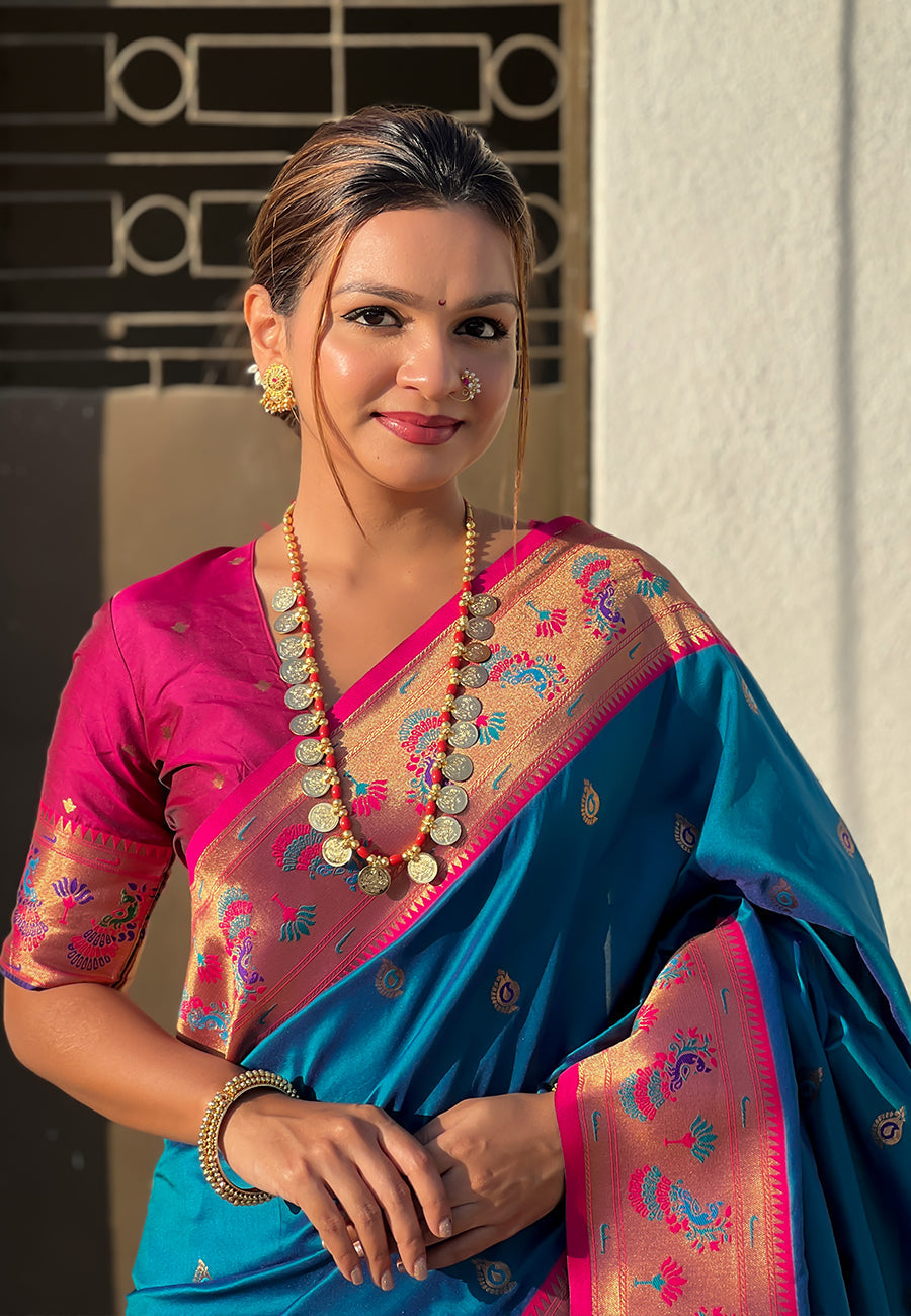 Blue zari woven tiny nath meenakari contrast yeola paithani silk saree