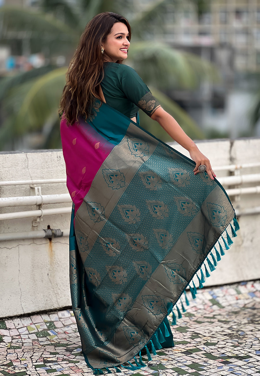 Pink soft silk floral border contrast zari woven saree