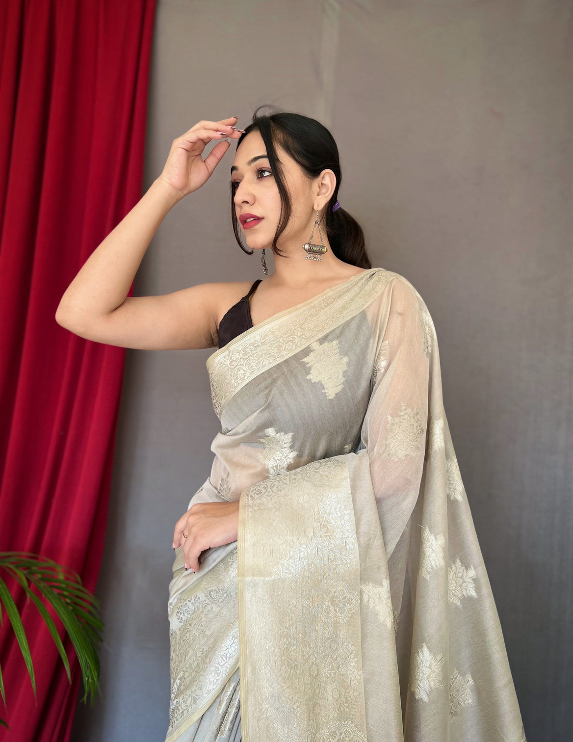 Grey Saree in Cotton Rose Gold Woven