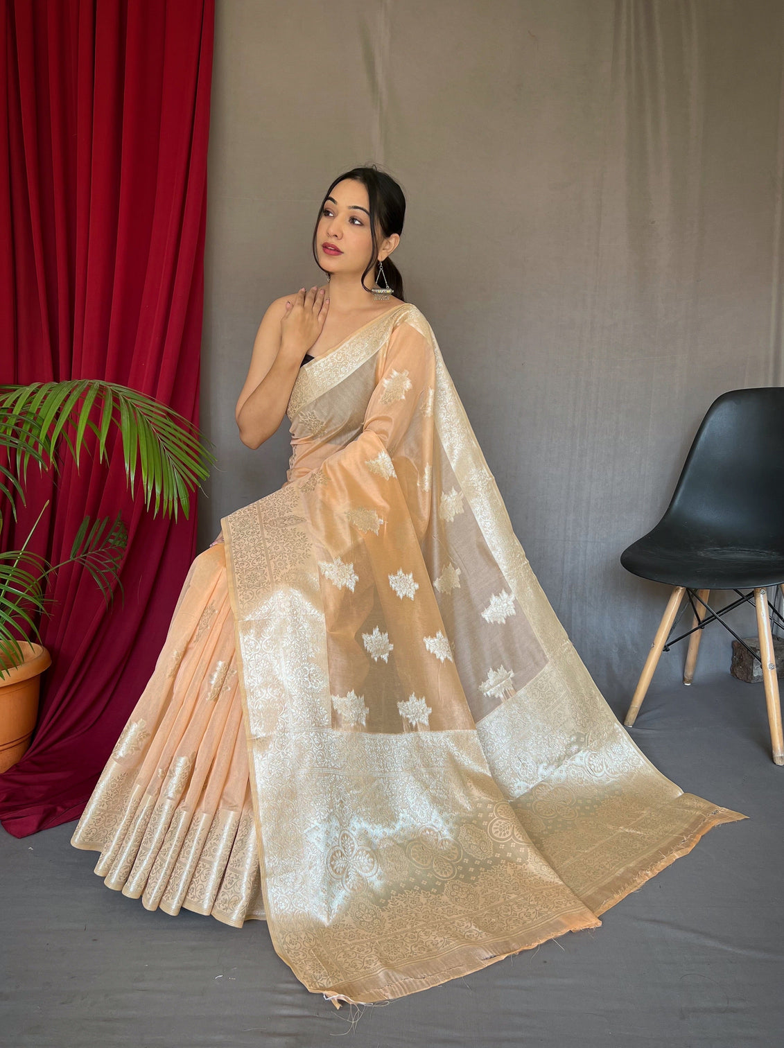 Peach Saree in Cotton Rose Gold Woven