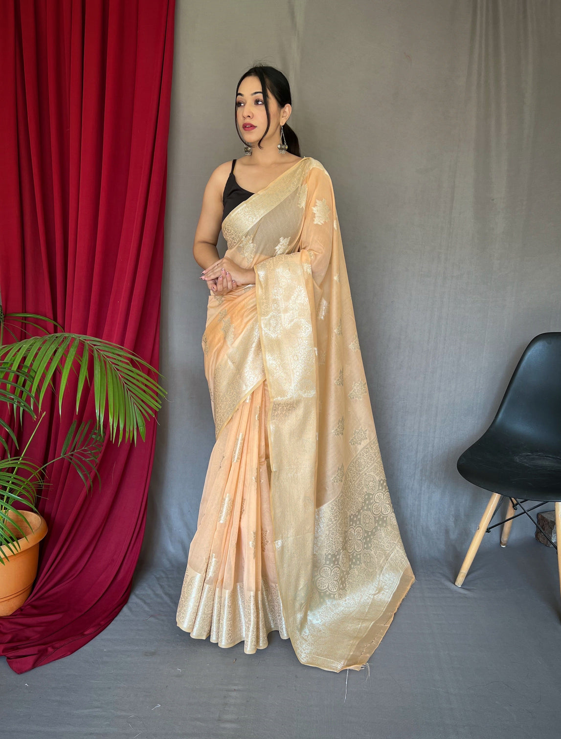 Peach Saree in Cotton Rose Gold Woven