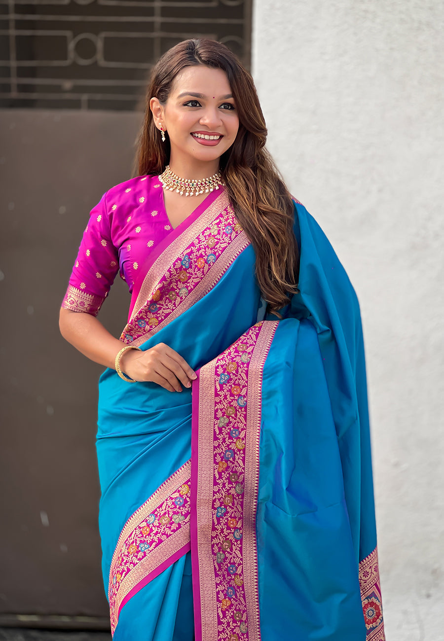 Blue gala silk saree with paithani pallu kadiyal zari woven saree