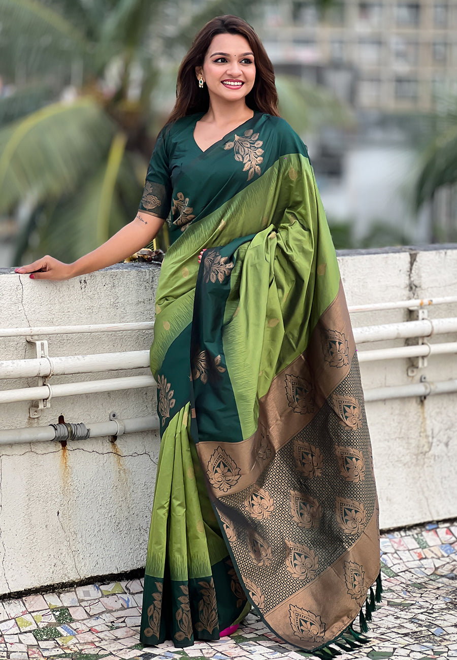Iguana green soft silk floral border contrast zari woven saree