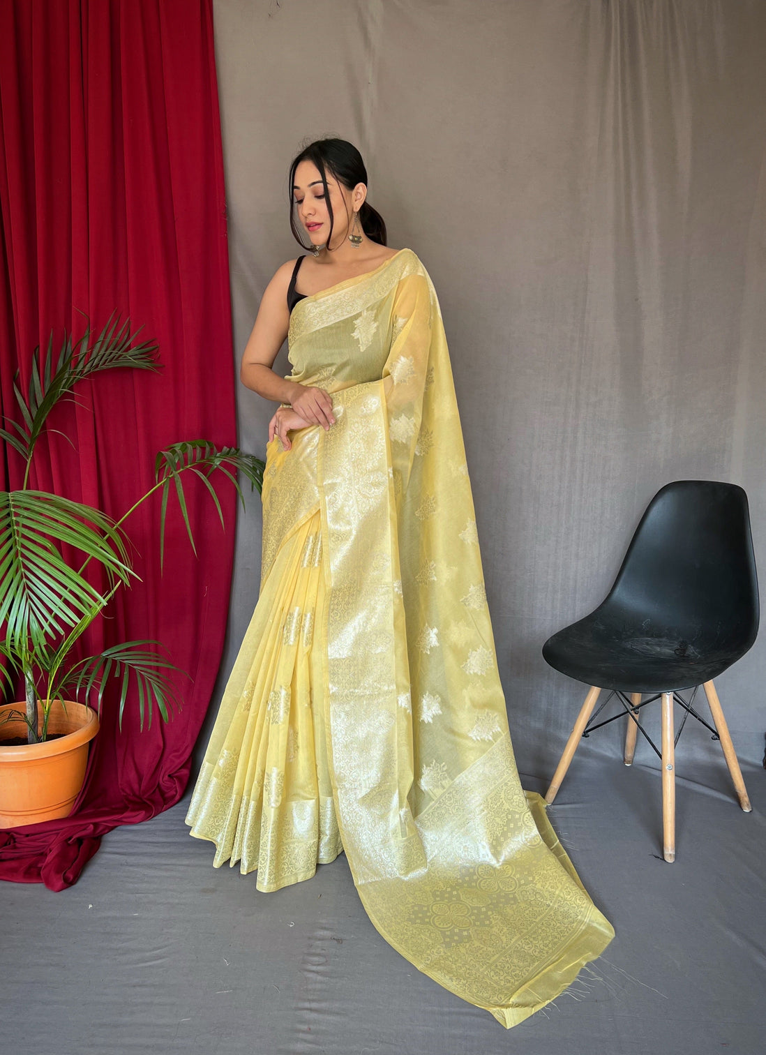 Yellow Saree in Cotton Rose Gold Woven
