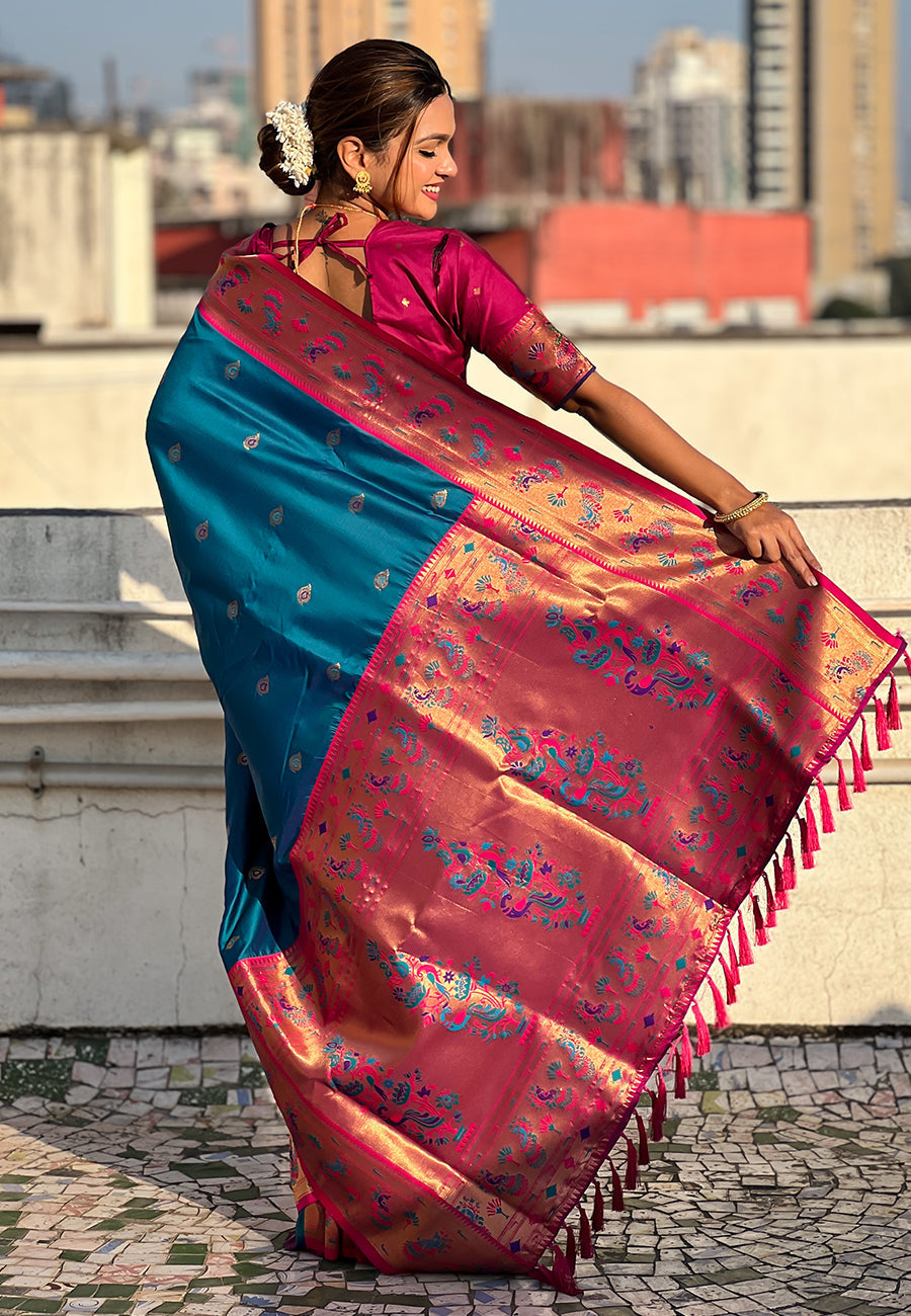 Blue zari woven tiny nath meenakari contrast yeola paithani silk saree