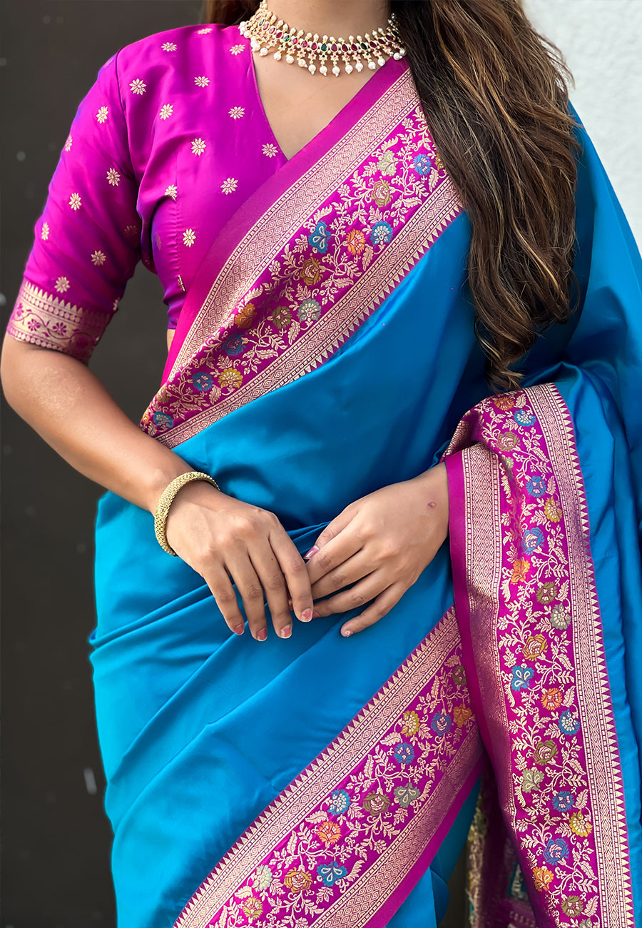 Blue gala silk saree with paithani pallu kadiyal zari woven saree