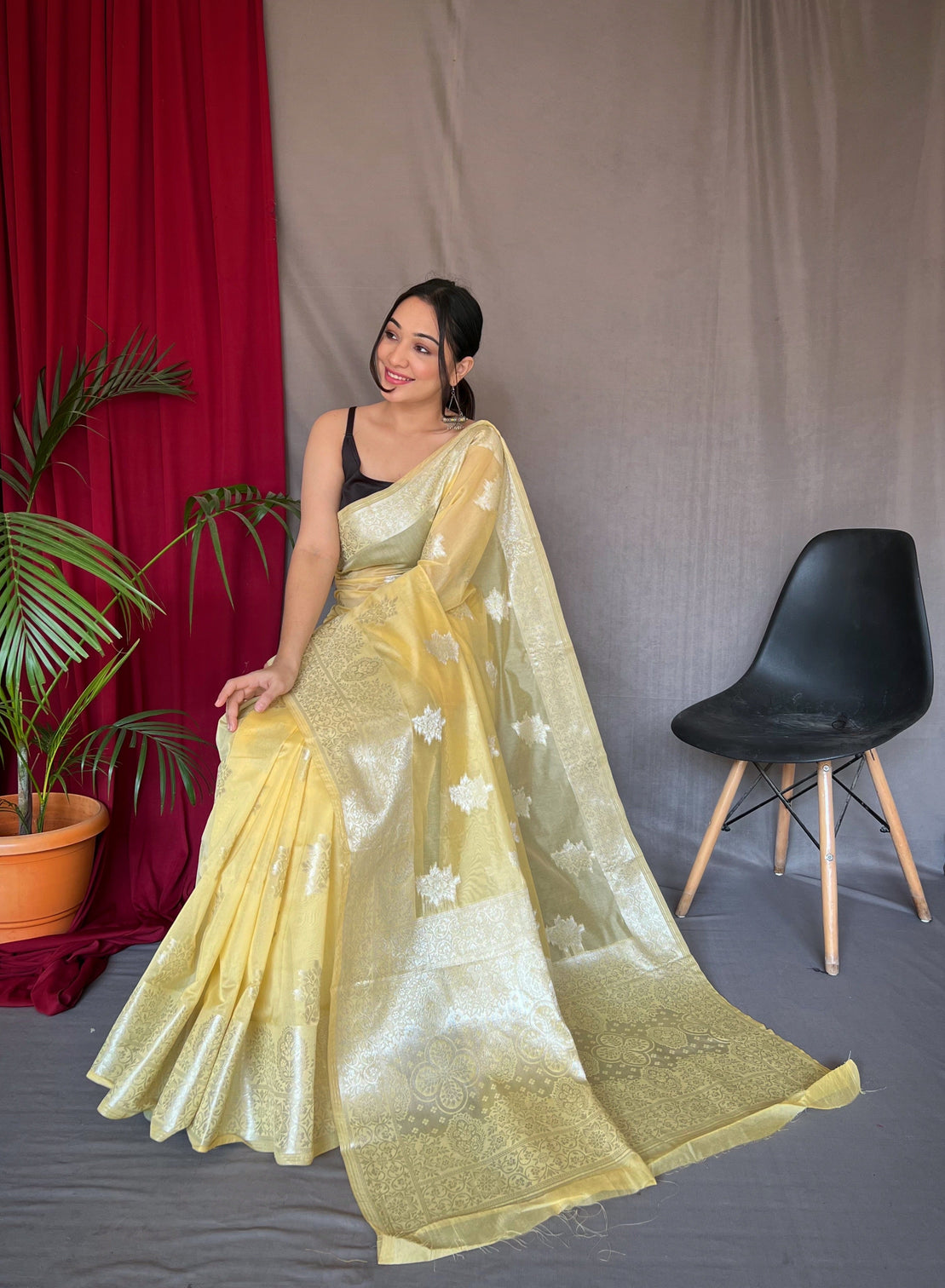 Yellow Saree in Cotton Rose Gold Woven