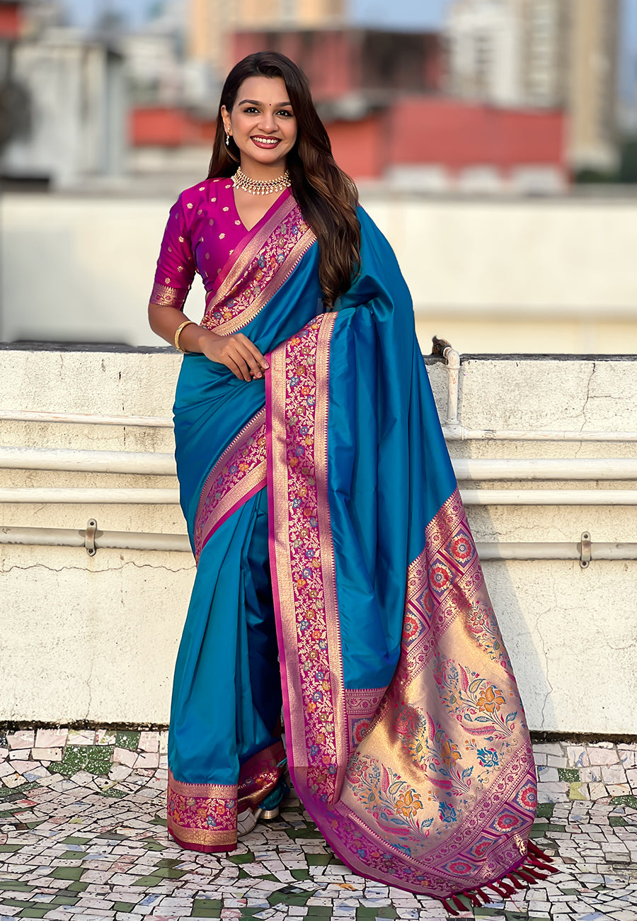 Blue gala silk saree with paithani pallu kadiyal zari woven saree